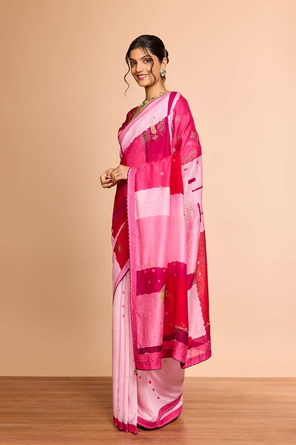 Light Pink Pure Silk Linen Printed Embroidered Saree image number null