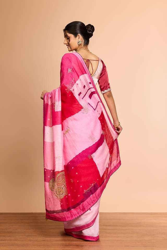 Light Pink Pure Silk Linen Printed Embroidered Saree thumbnail image number null