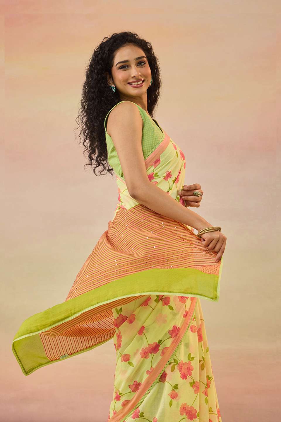Light Yellow Bengal Pure Cotton Mulmul Kantha Printed Saree