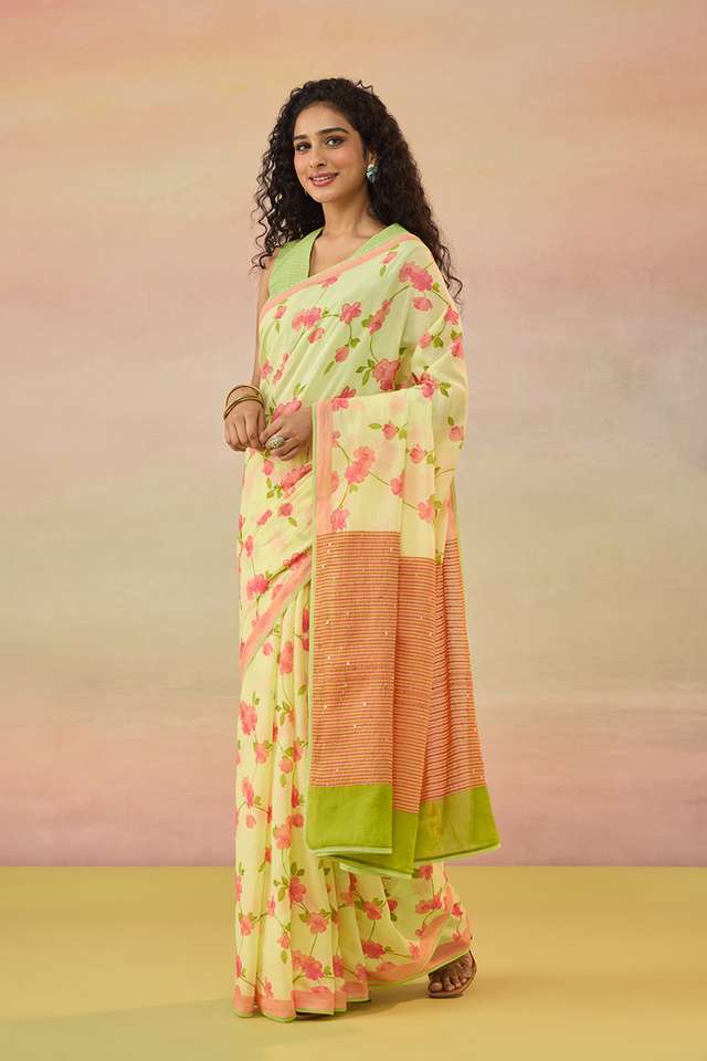 Light Yellow Bengal Pure Cotton Mulmul Kantha Printed Saree thumbnail image number null