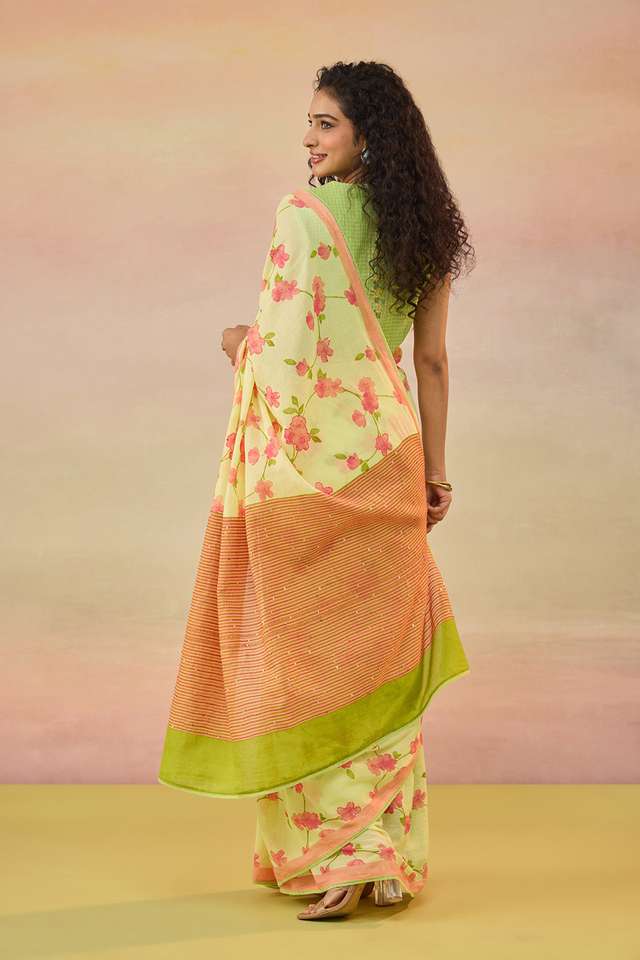 Light Yellow Bengal Pure Cotton Mulmul Kantha Printed Saree thumbnail image number null