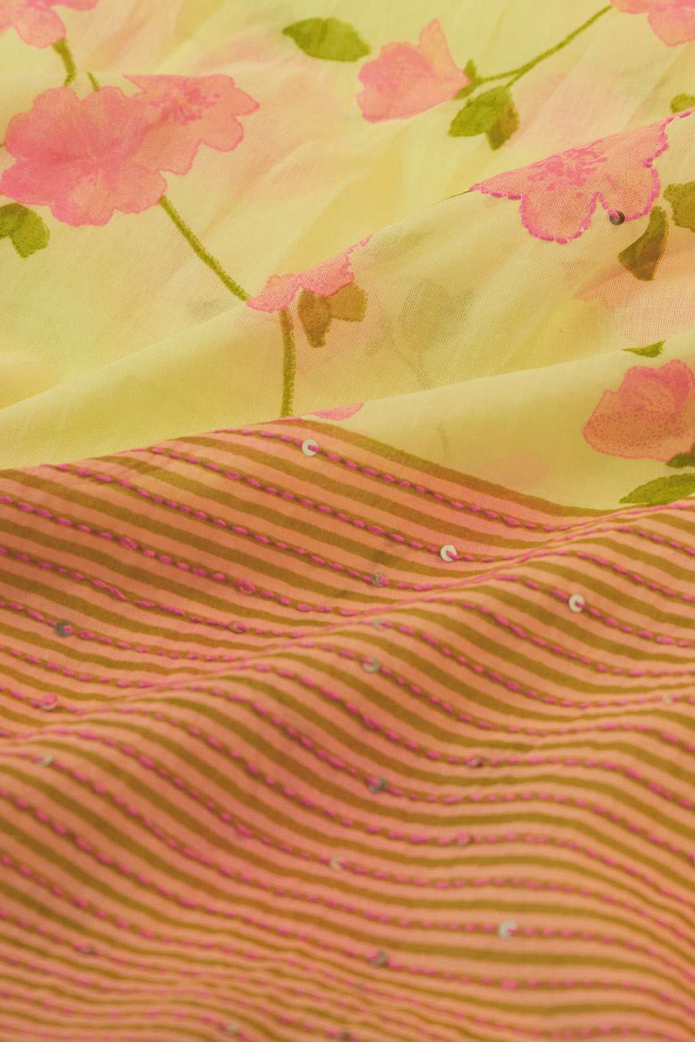 Light Yellow Bengal Pure Cotton Mulmul Kantha Printed Saree image number null