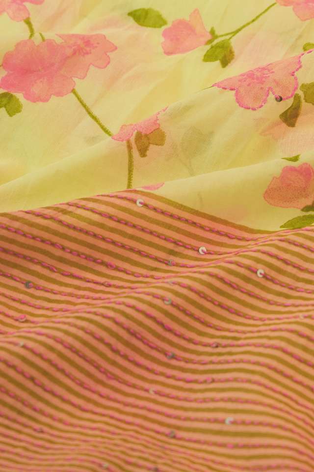 Light Yellow Bengal Pure Cotton Mulmul Kantha Printed Saree thumbnail image number null