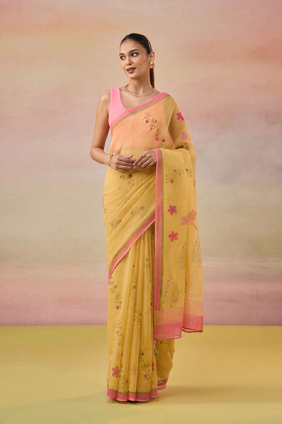 Yellow Hand Painted Embroidered Pure Kota Bengal Saree