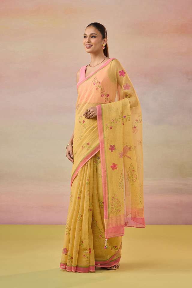 Yellow Hand Painted Embroidered Pure Kota Bengal Saree thumbnail image number null