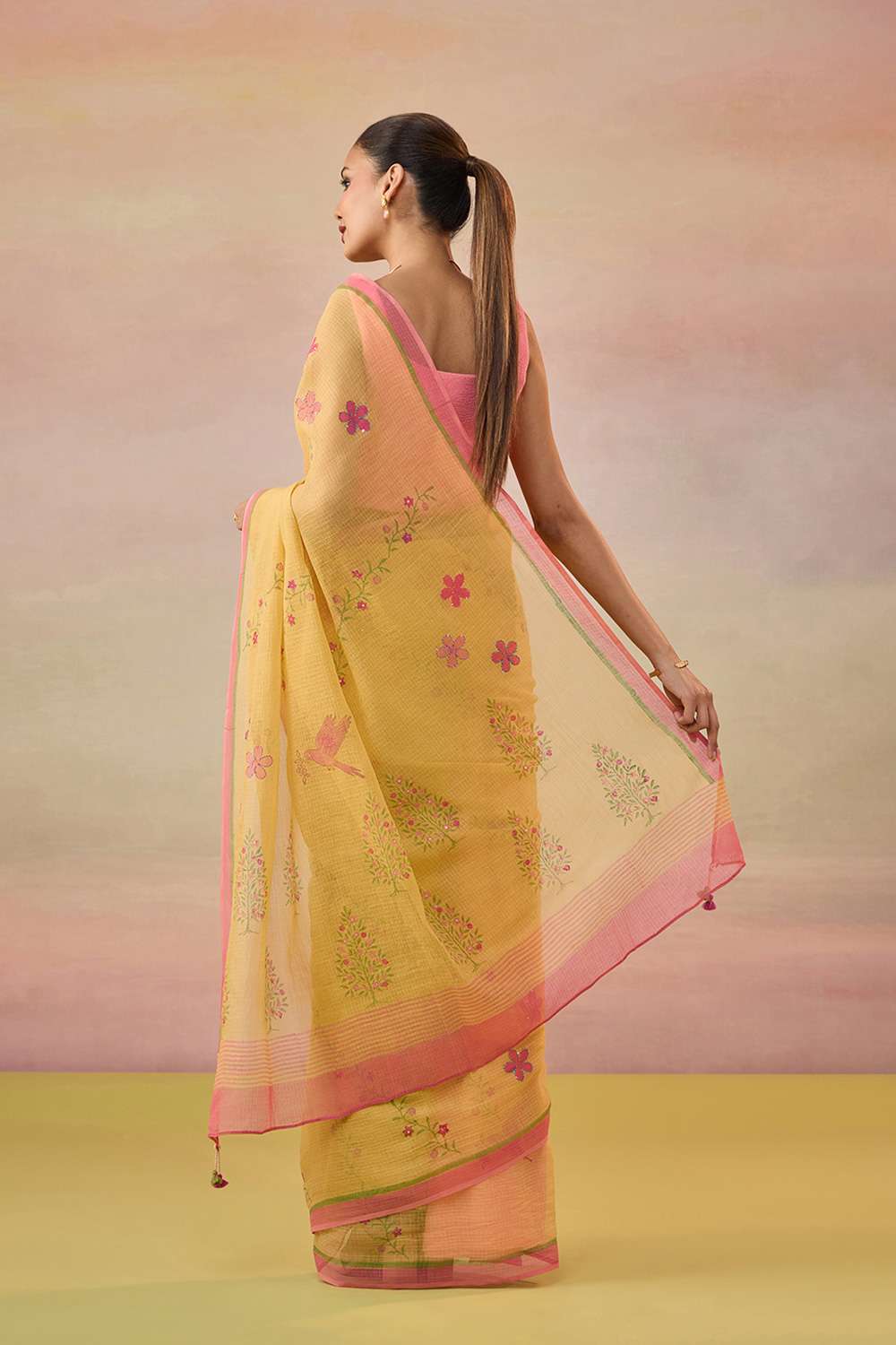 Yellow Hand Painted Embroidered Pure Kota Bengal Saree image number null