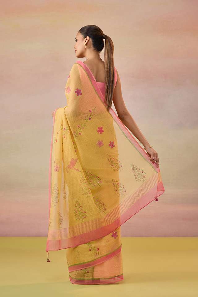 Yellow Hand Painted Embroidered Pure Kota Bengal Saree thumbnail image number null