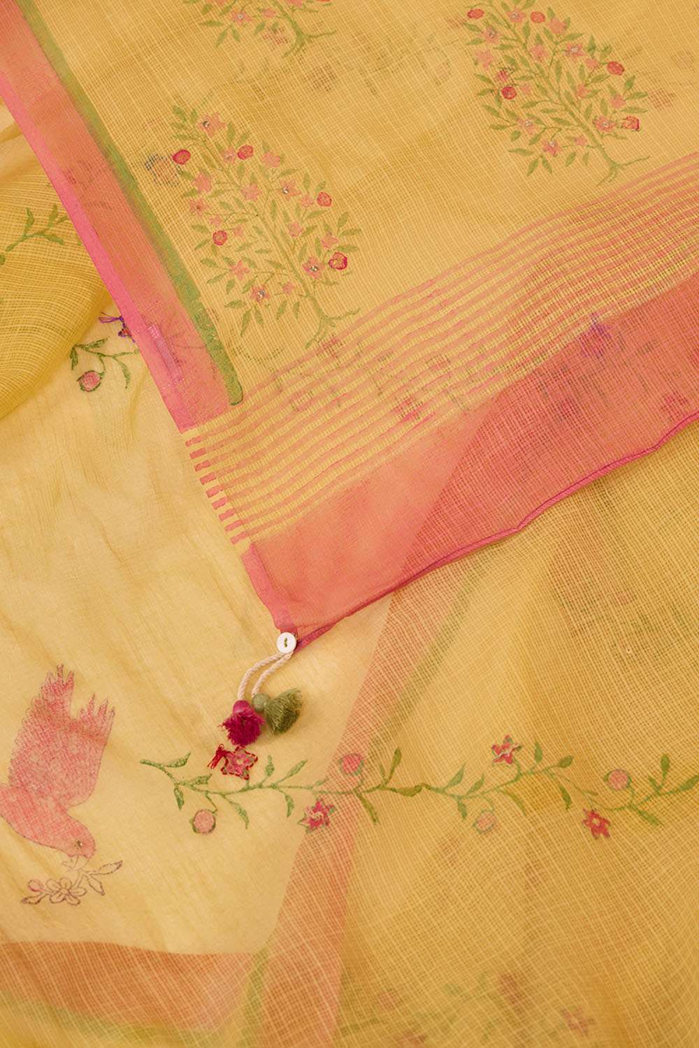 Yellow Hand Painted Embroidered Pure Kota Bengal Saree image number null