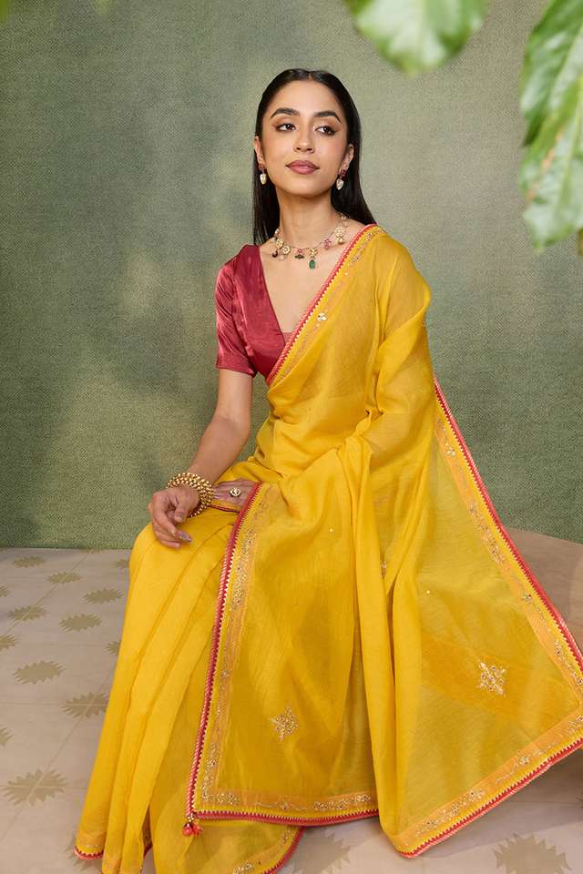 Yellow   Pure Silk Cotton Embroidered Saree image number