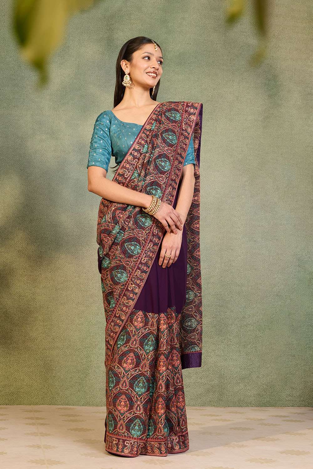 Purple Pure Viscose Embroidered Saree image number null