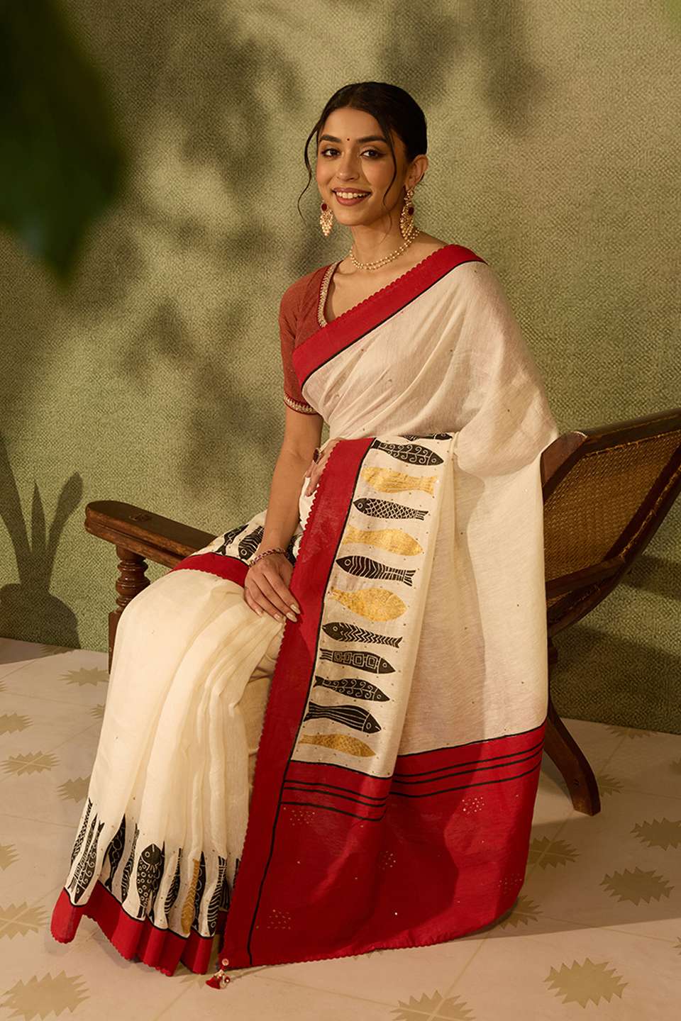 Off White Block Printed Pure Silk Linen Saree