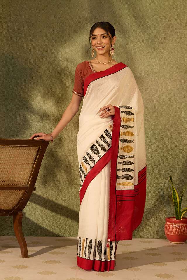 Off White Block Printed Pure Silk Linen Saree thumbnail image number null
