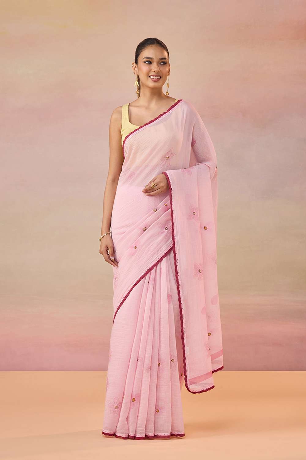 Light Pink Bengal Pure Silk Cotton Hand Painted Embroidered Saree image number null