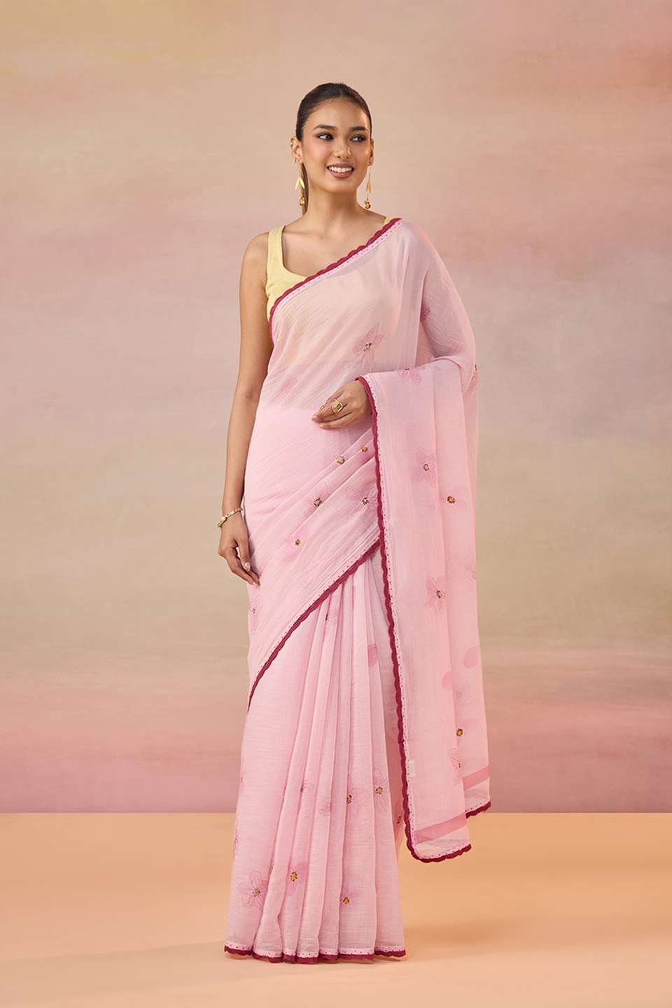Light Pink Bengal Pure Silk Cotton Hand Painted Embroidered Saree