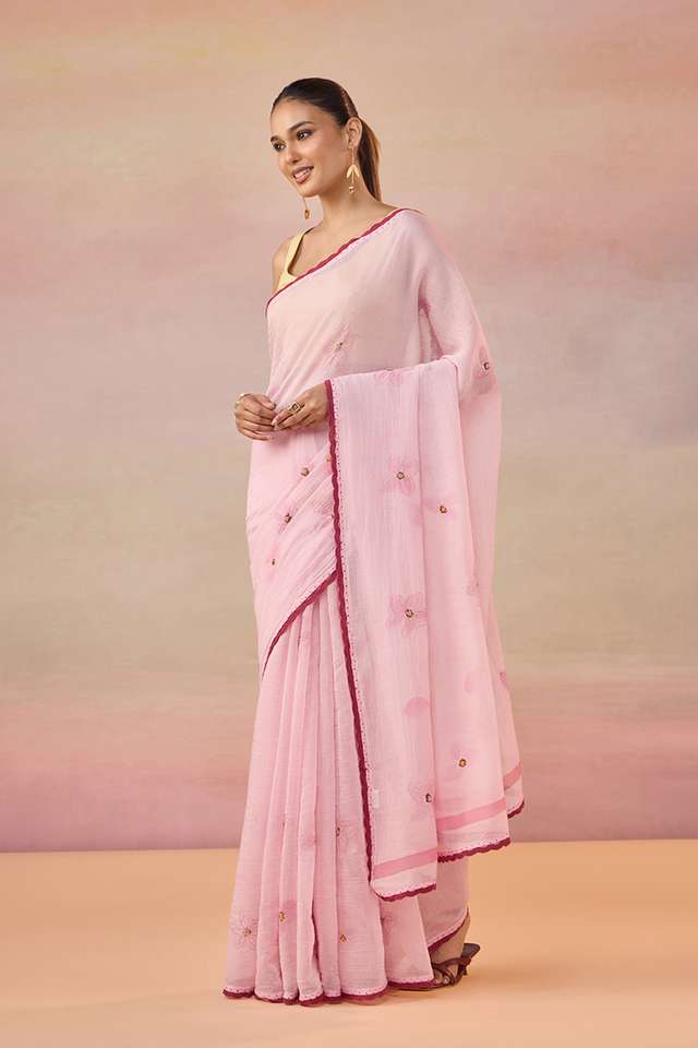 Light Pink Bengal Pure Silk Cotton Hand Painted Embroidered Saree thumbnail image number null