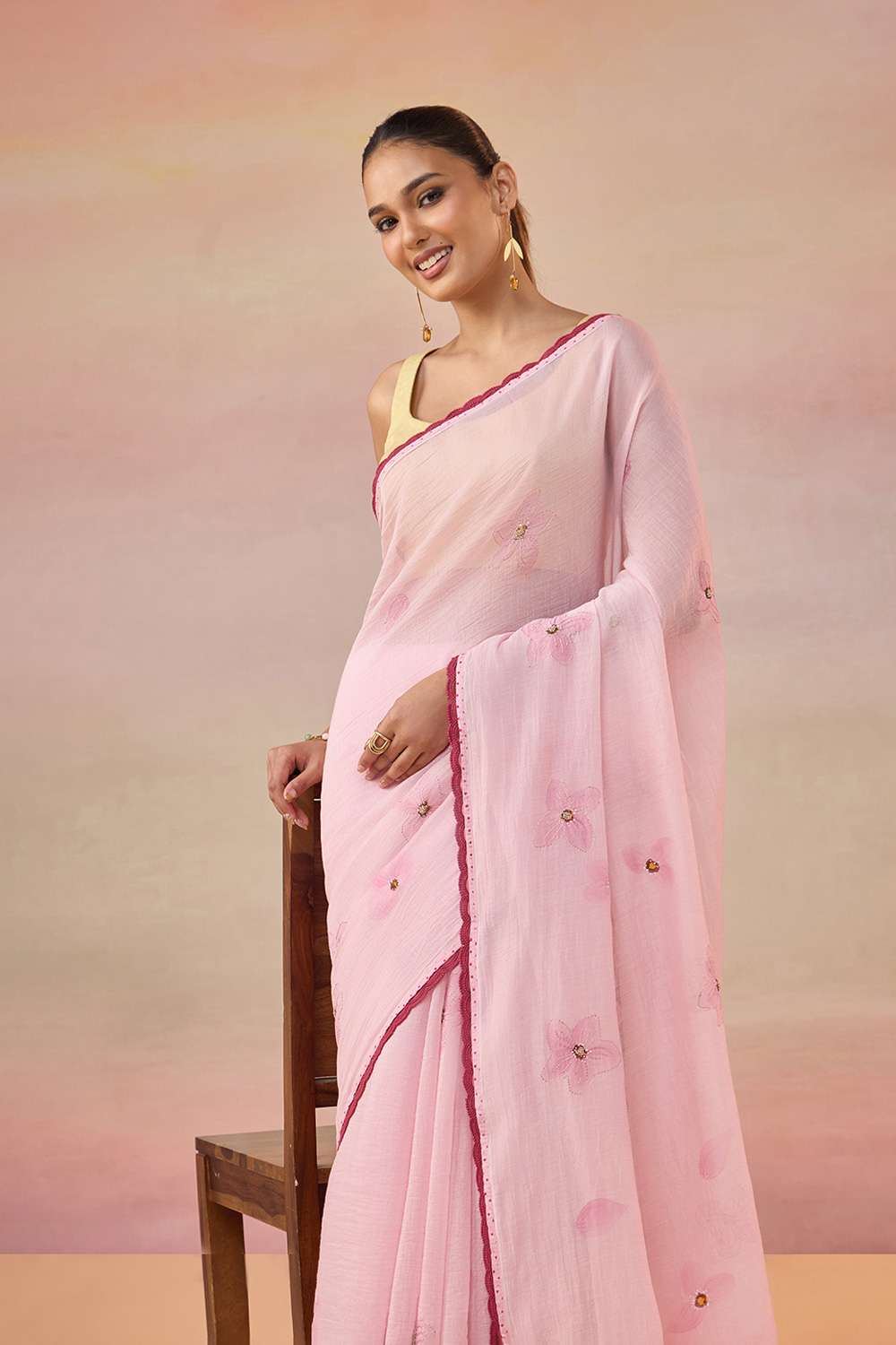 Light Pink Bengal Pure Silk Cotton Hand Painted Embroidered Saree image number null