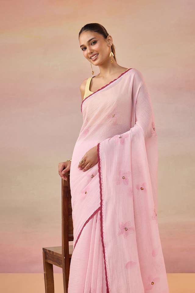 Light Pink Bengal Pure Silk Cotton Hand Painted Embroidered Saree thumbnail image number null