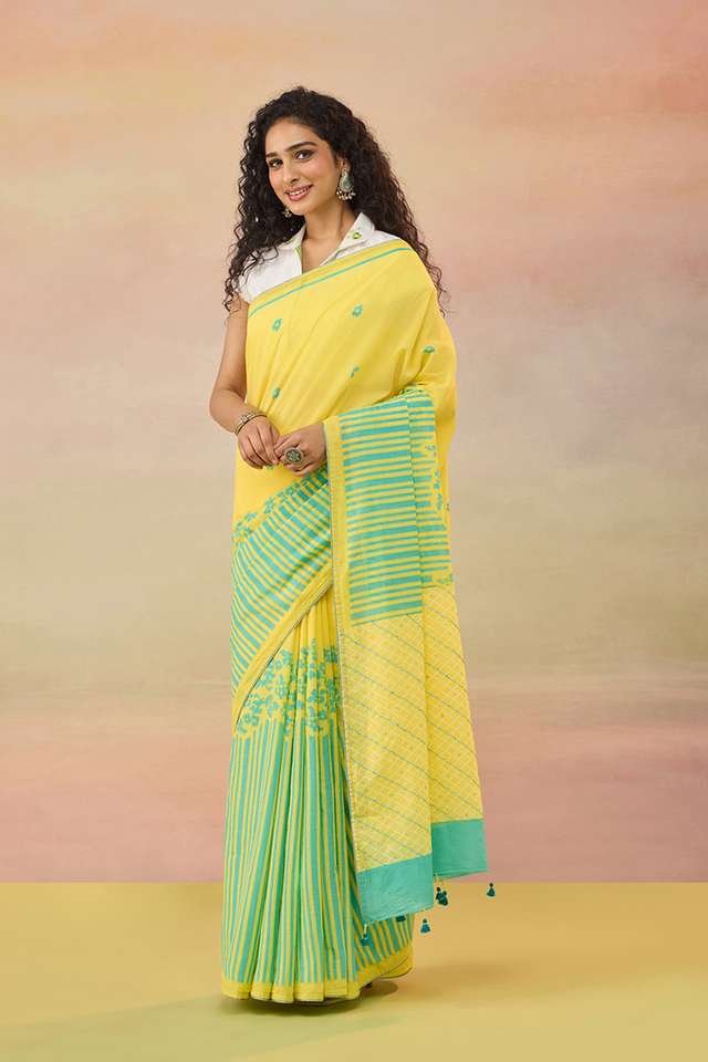 Light Yellow Pure Cotton Mulmul Screen Printed Bengal Saree thumbnail image number null