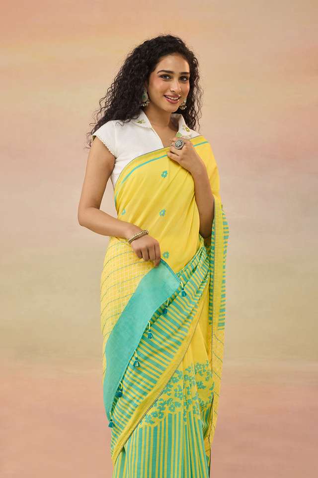 Light Yellow Pure Cotton Mulmul Screen Printed Bengal Saree thumbnail image number null