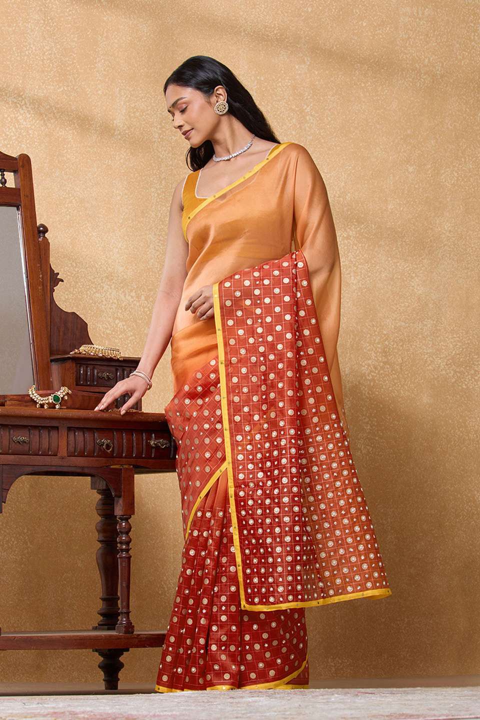 Dark Orange Pure Silk Organza Embroidered Saree