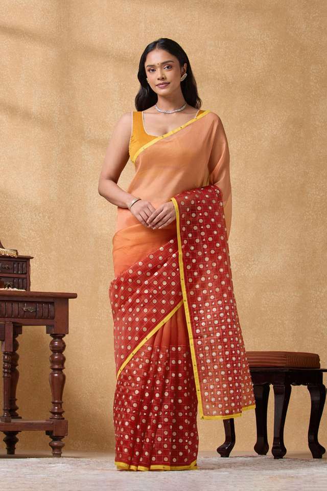 Dark Orange Pure Silk Organza Embroidered Saree thumbnail image number null