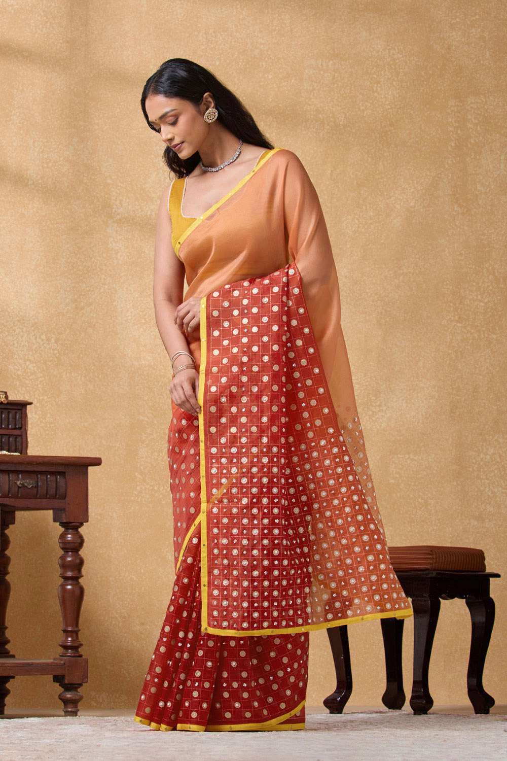 Dark Orange Pure Silk Organza Embroidered Saree image number null