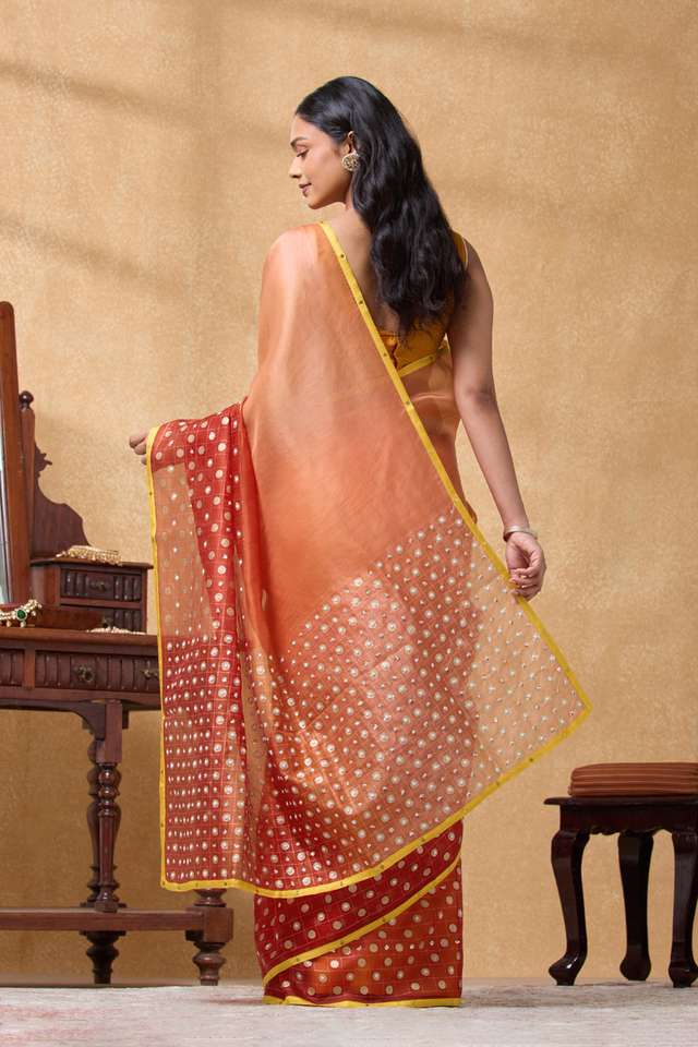 Dark Orange Pure Silk Organza Embroidered Saree thumbnail image number null