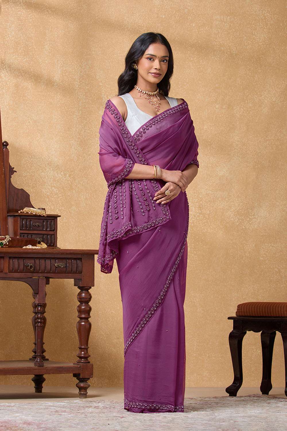 Purple Viscose Organza Embroidered Saree image number null
