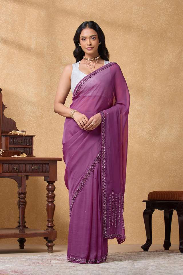 Purple Viscose Organza Embroidered Saree thumbnail image number null
