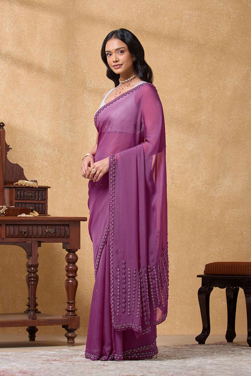 Purple Viscose Organza Embroidered Saree image number null