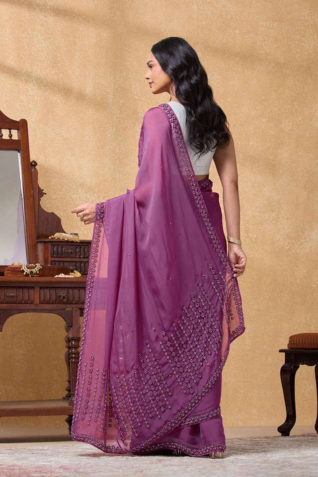 Purple Viscose Organza Embroidered Saree thumbnail image number null
