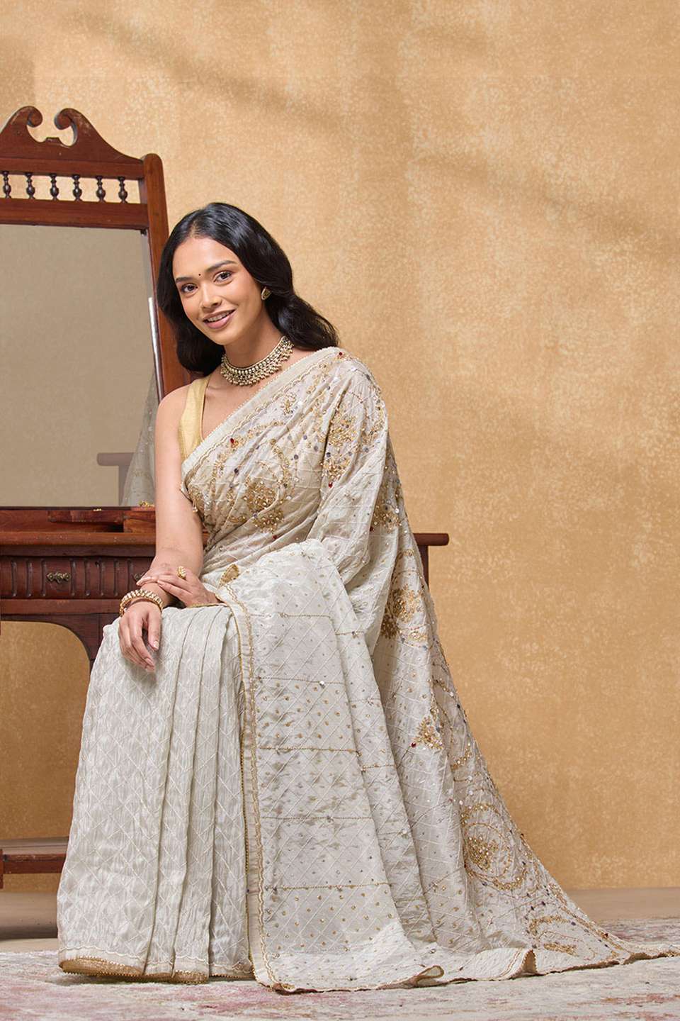 Off White Viscose Tissue Embroidered Saree
