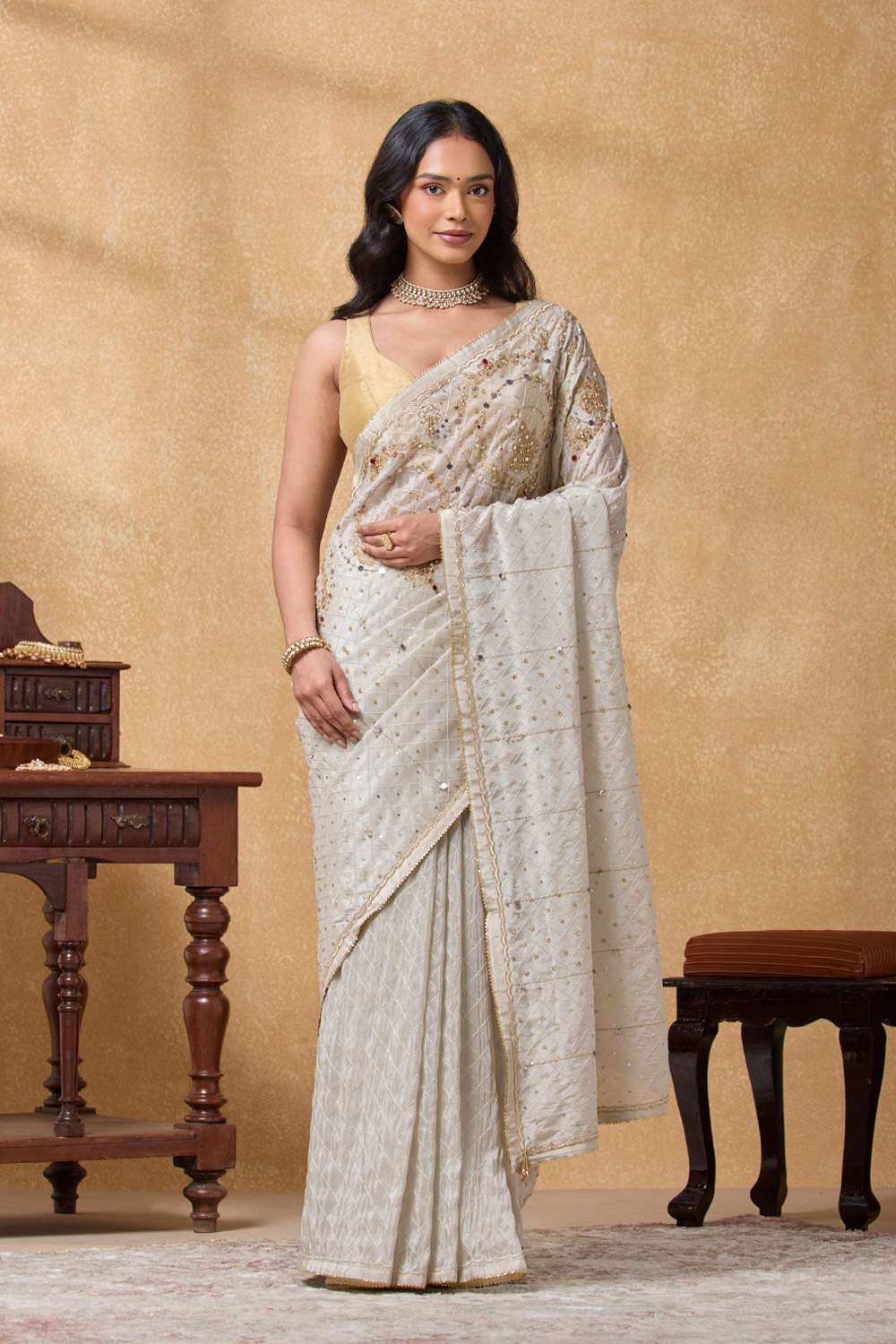 Off White Viscose Tissue Embroidered Saree image number null