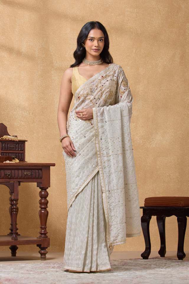Off White Viscose Tissue Embroidered Saree thumbnail image number null