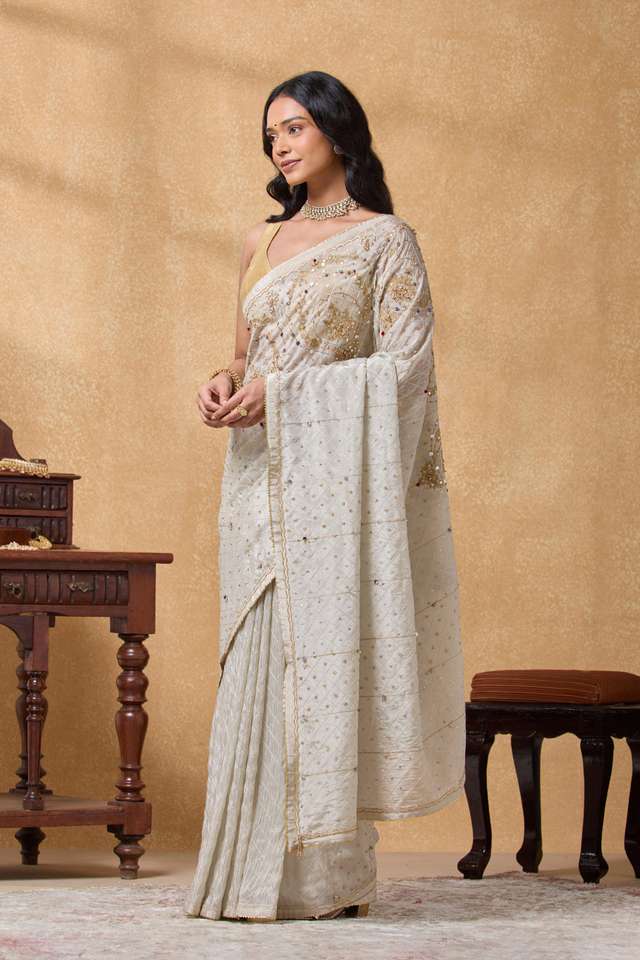 Off White Viscose Tissue Embroidered Saree thumbnail image number null