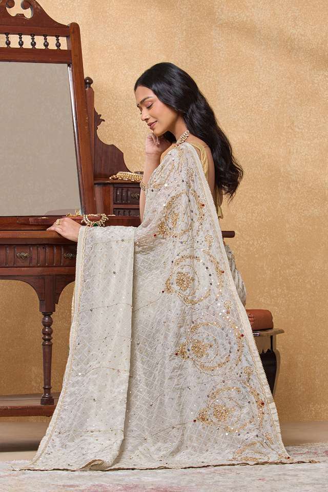 Off White Viscose Tissue Embroidered Saree thumbnail image number null