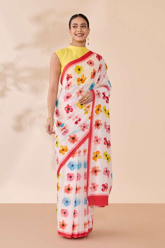 Off White Printed Pure Cotton Saree thumbnail image number null