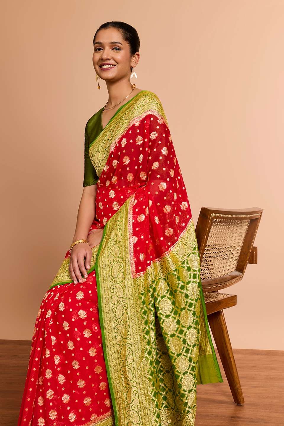 Red Pure Silk Georgette Cutwork Banaras Saree