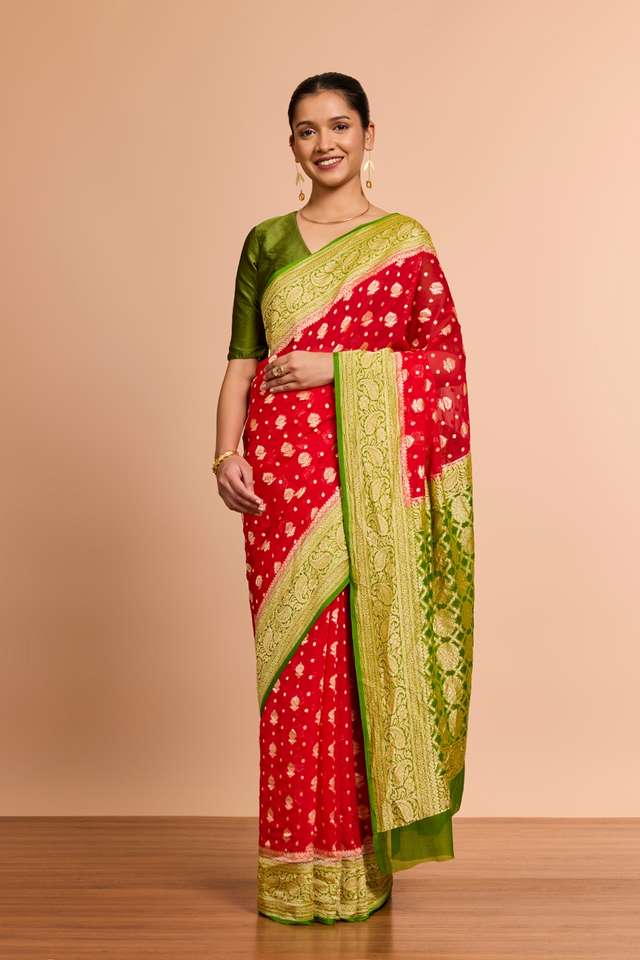 Red Pure Silk Georgette Cutwork Banaras Saree thumbnail image number null