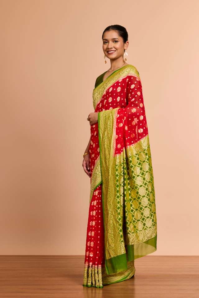 Red Pure Silk Georgette Cutwork Banaras Saree thumbnail image number null