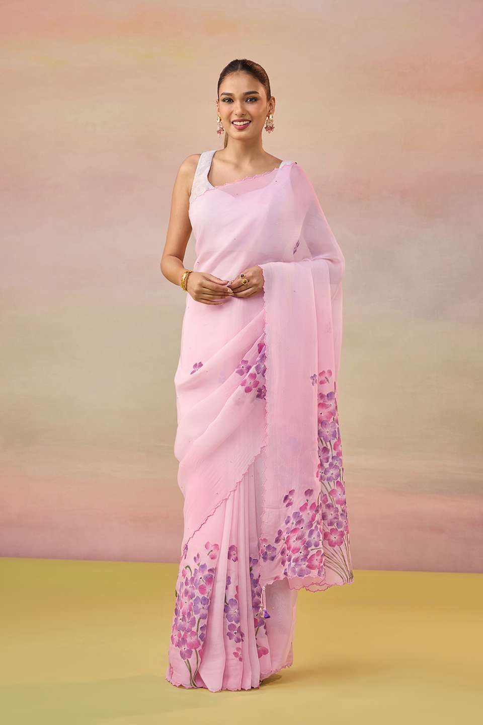 Pink Hand Painted Embroidered Viscose Organza Bengal Saree