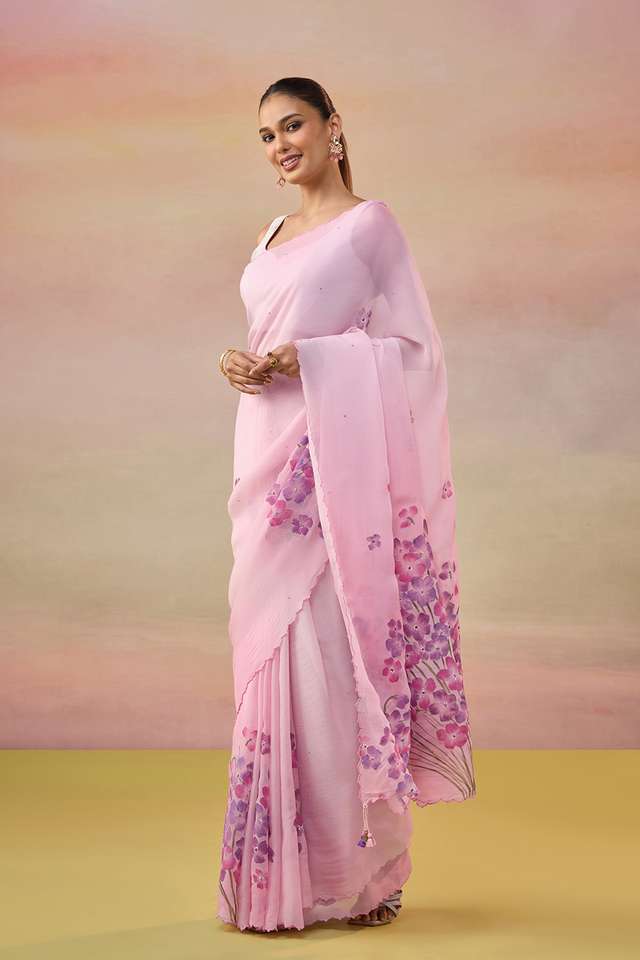 Pink Hand Painted Embroidered Viscose Organza Bengal Saree thumbnail image number null