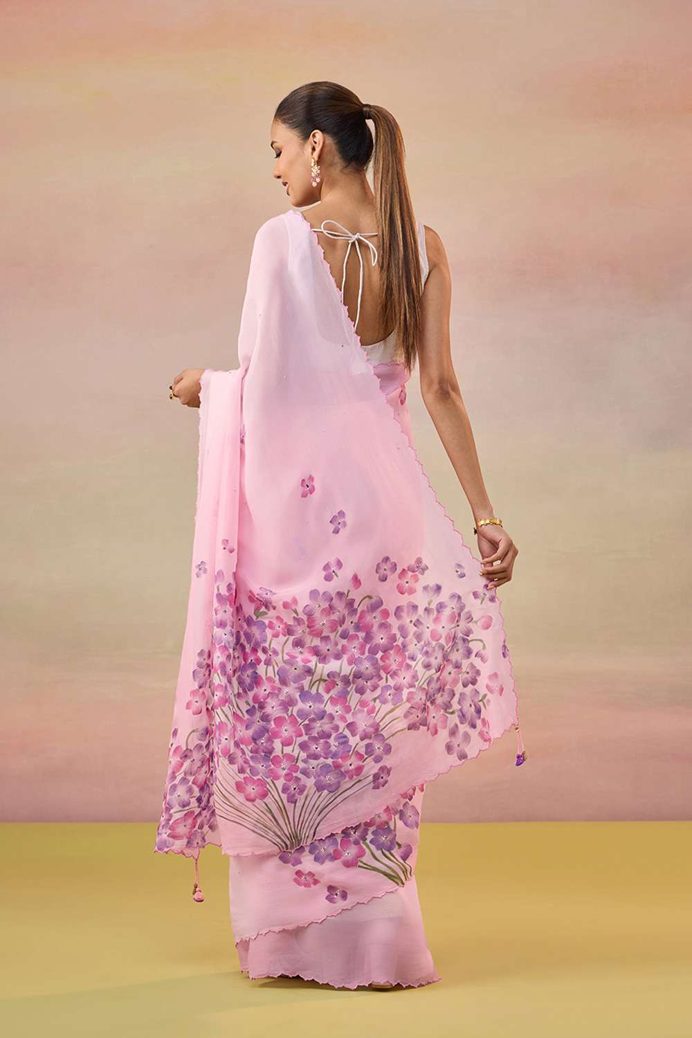 Pink Hand Painted Embroidered Viscose Organza Bengal Saree image number null