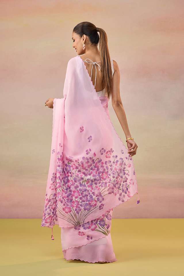 Pink Hand Painted Embroidered Viscose Organza Bengal Saree thumbnail image number null