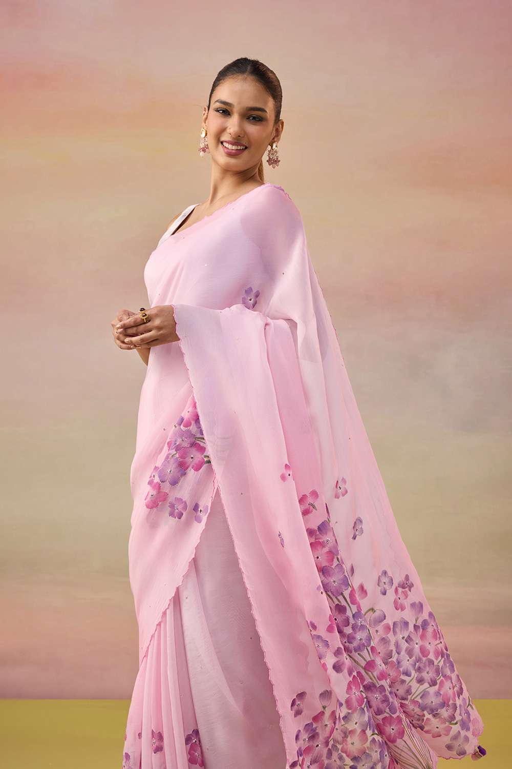 Pink Hand Painted Embroidered Viscose Organza Bengal Saree image number null