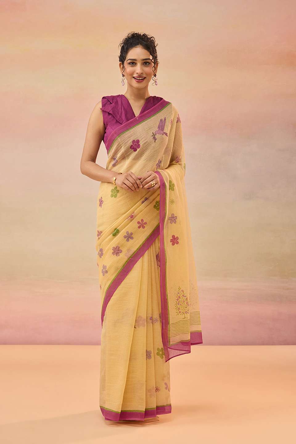 Beige Bengal Pure Kota Hand Painted Saree