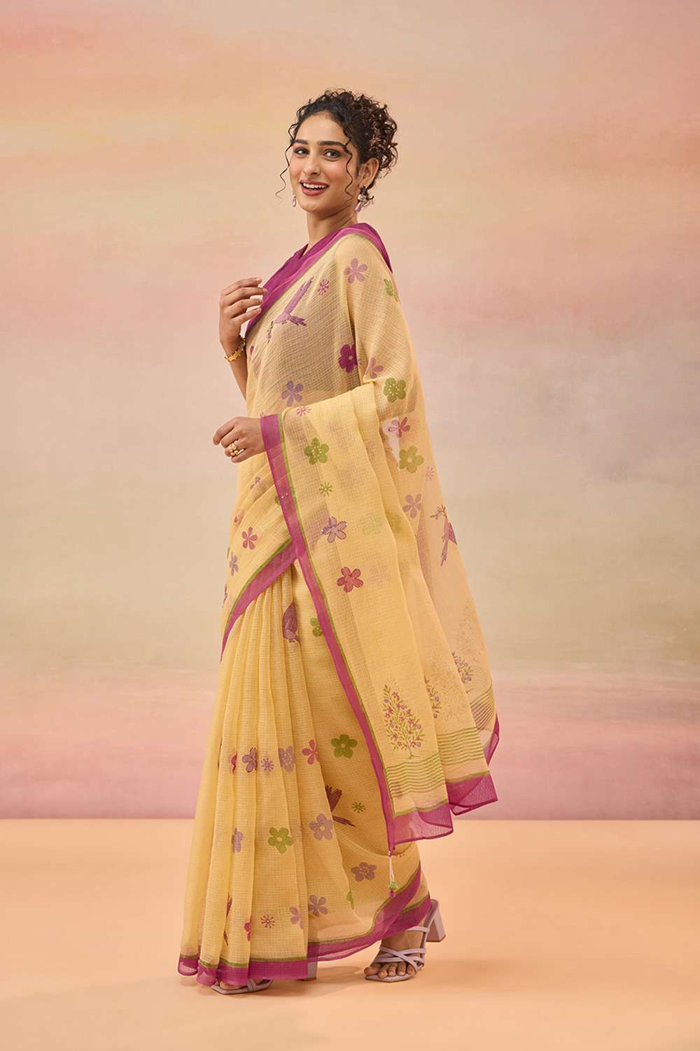 Beige Bengal Pure Kota Hand Painted Saree image number null