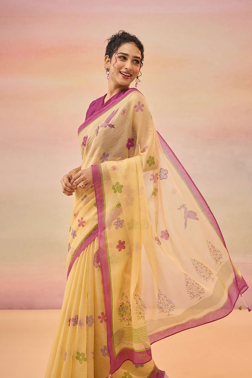 Beige Bengal Pure Kota Hand Painted Saree image number null