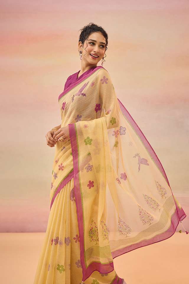 Beige Bengal Pure Kota Hand Painted Saree thumbnail image number null