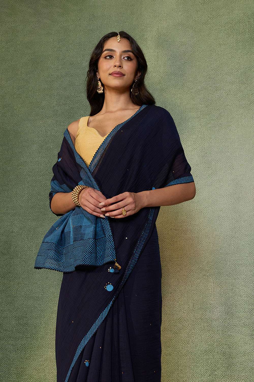 Blue Block Printed Pure Silk Cotton Saree image number null